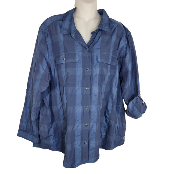 Eddie Bauer Travex Womens Shirt 2X Blue Plaid Classic Fit Button Tab Sleeve Vent - Picture 1 of 16